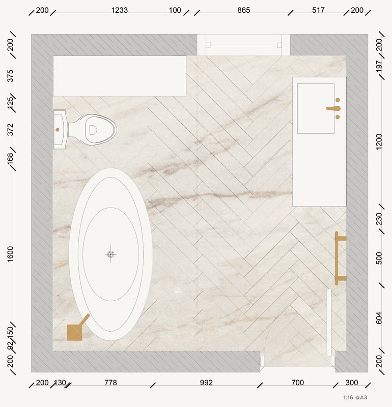 Plan of the main bathroom, the bath set on a herringbone marble floor.