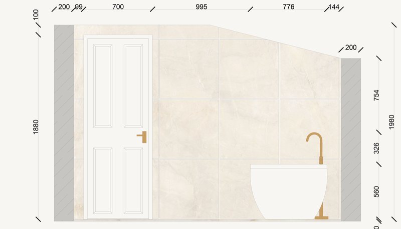 Elevation of the main bathroom, the freestanding bath and its brass filler.