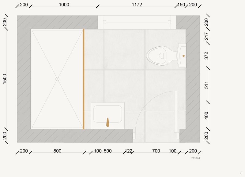 Plan of the loft bathroom, the shower, basin and WC.