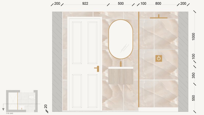 Elevation of the loft bathroom, the oval mirror, vanity and shower.