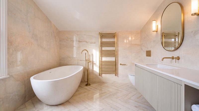 Main bathroom shown as designed, warm onyx marble and a freestanding bath. A visualisation.