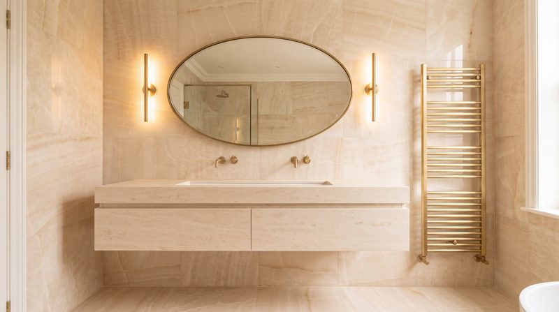 Main bathroom vanity shown as designed, an oval brass mirror and a towel rail. A visualisation.