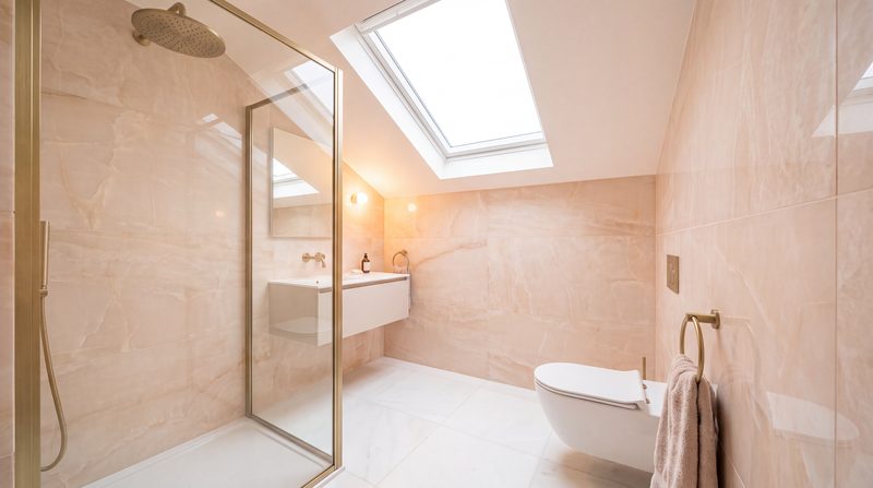Loft bathroom shown as designed, a walk in shower under a skylight. A visualisation.