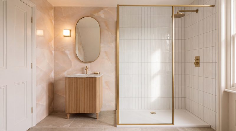 Loft bathroom vanity shown as designed, a fluted oak vanity and an oval mirror. A visualisation.