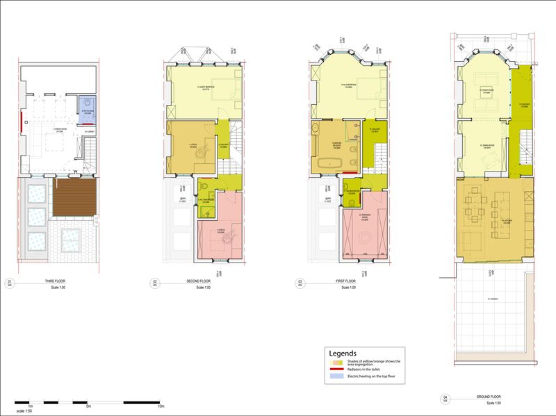 The NU floor plans of all four floors, with the heating zones marked