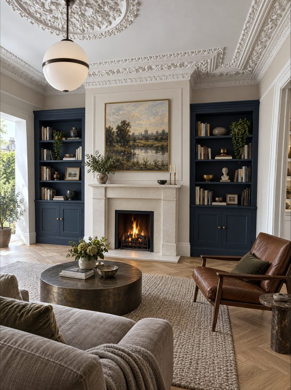The living room shown as designed, navy library shelving either side of a stone fireplace. A visualisation.