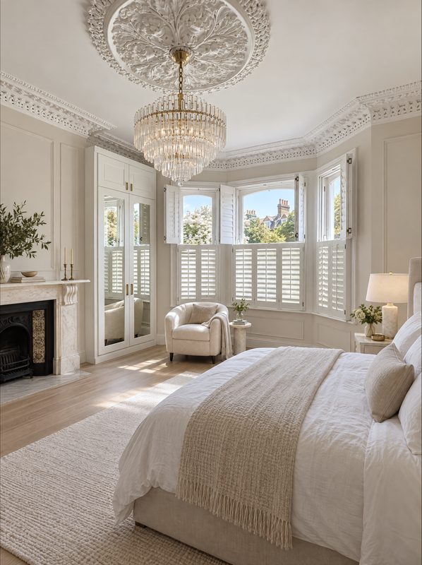 The principal bedroom shown as designed, ivory panelling, a crystal chandelier and the bay window. A visualisation.