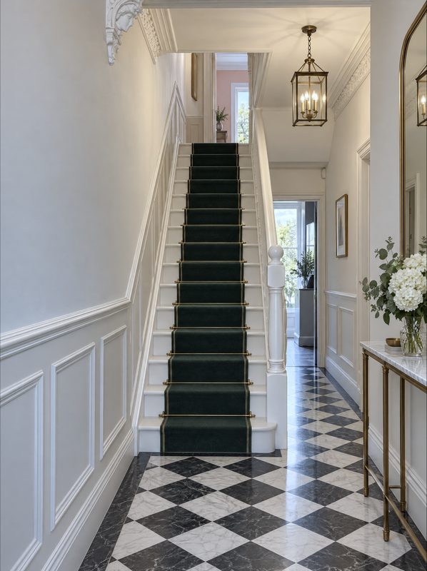 The entrance hall shown as designed, a black and white marble floor and a green stair runner. A visualisation.