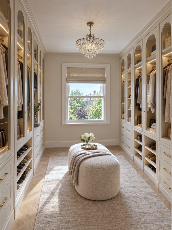 The dressing room shown as designed, arched cream wardrobes and a boucle ottoman. A visualisation.