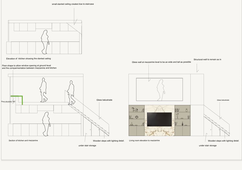 Section through the kitchen and the new mezzanine, with the stair and glass balustrade.