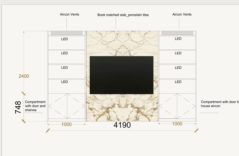 Elevation of the media wall, a book matched slab between lit shelving.