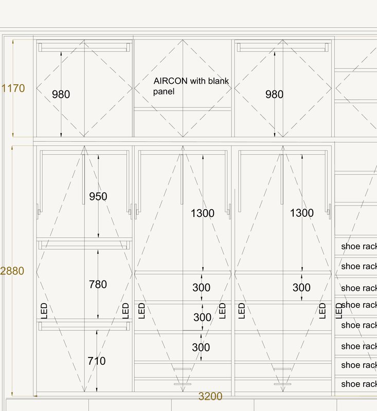Elevation of the principal bedroom wardrobes, with hanging and shoe storage.