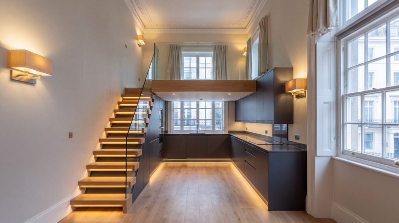 Kitchen shown as designed, lit oak steps to a mezzanine behind a glass balustrade. A visualisation.