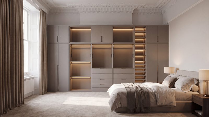 Principal bedroom shown as designed, a full wall of lit lacquered wardrobes. A visualisation.