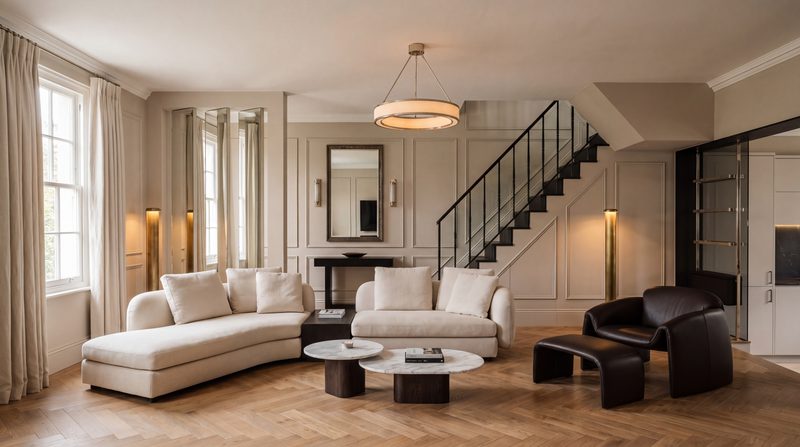 Living room shown as designed, with two curved sofas, panelled walls and a steel stair. A visualisation.