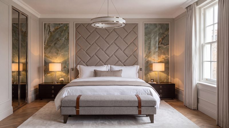 Principal bedroom shown as designed, a woven headboard between green marble panels. A visualisation.