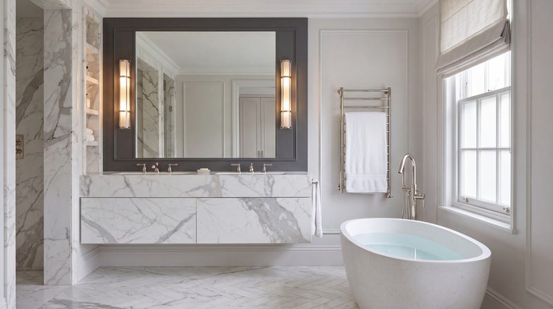 Principal ensuite shown as designed, marble walls and a freestanding bath. A visualisation.