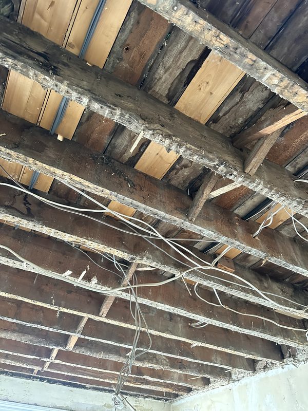 The ceiling opened up to the old joists and wiring.