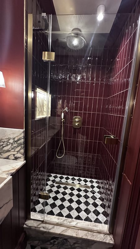 The finished shower, oxblood tiles and a chequerboard marble floor.