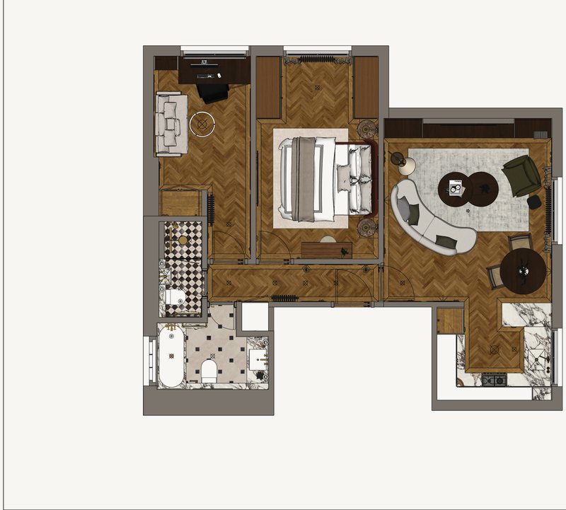 Furnished plan of the apartment, herringbone oak throughout.
