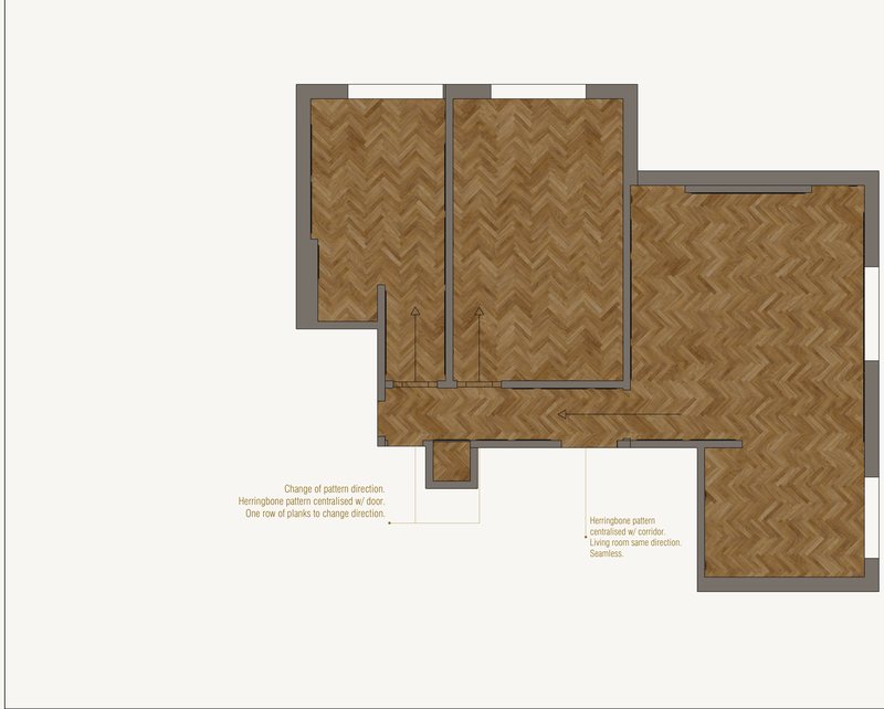 Flooring plan, herringbone oak changing direction at the doors.