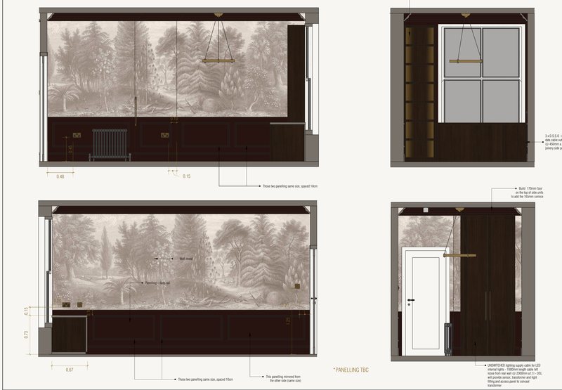 Study elevations, the scenic mural over dark panelling.
