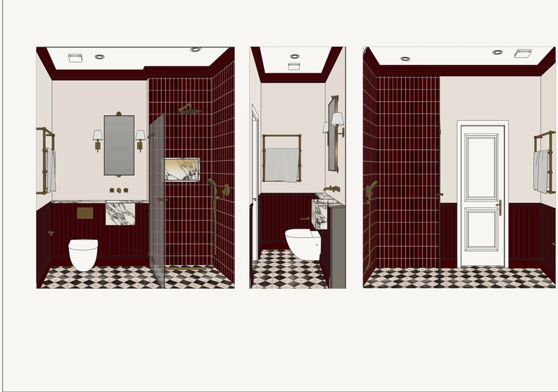 Shower room perspectives, oxblood tiles and a chequerboard floor.