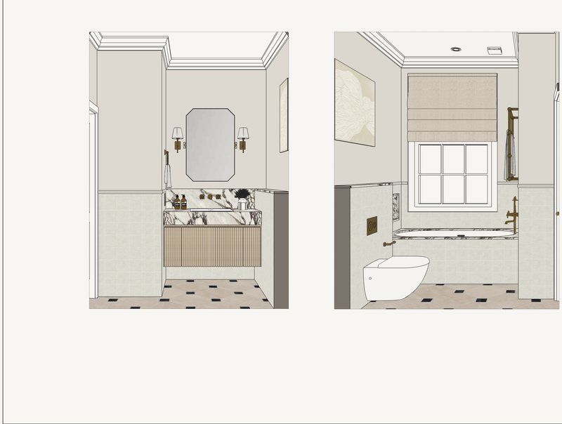 Principal ensuite perspectives, a marble vanity and a bath.