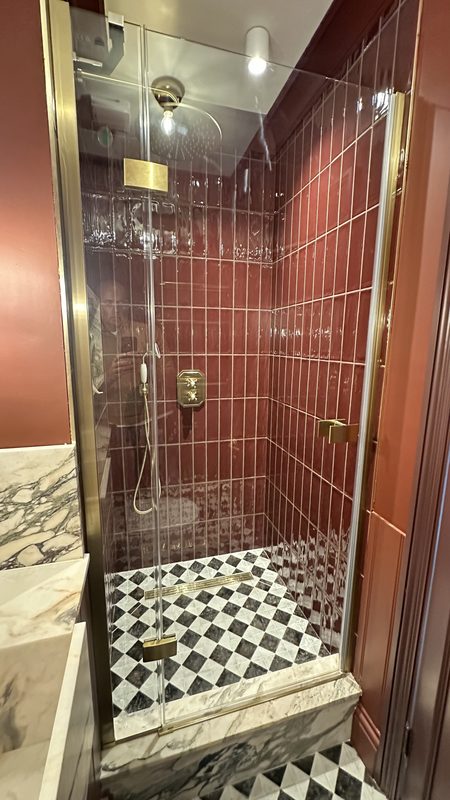 The shower room, oxblood tiles, a glass door and brass fittings.