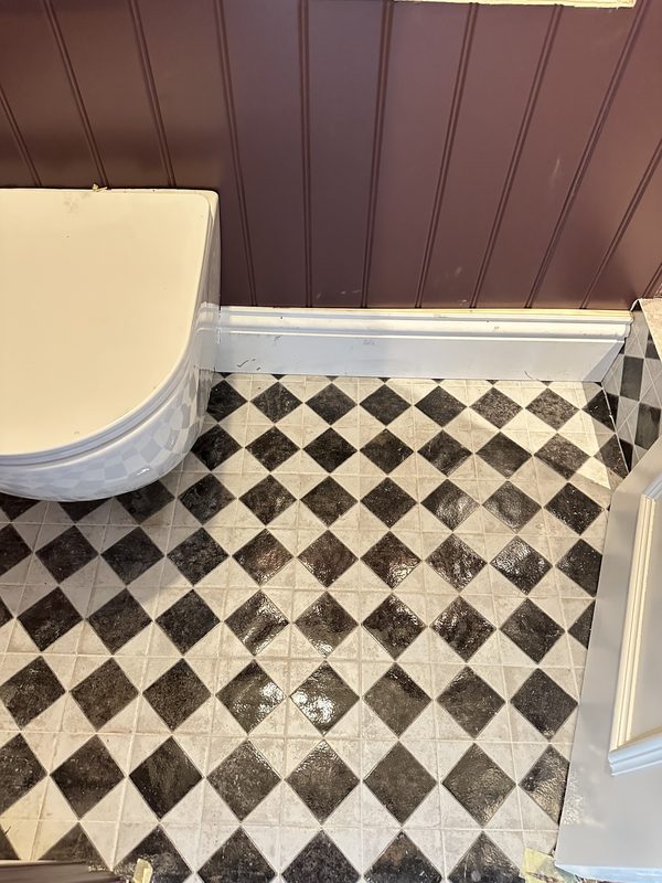 The chequerboard marble floor in the shower room.