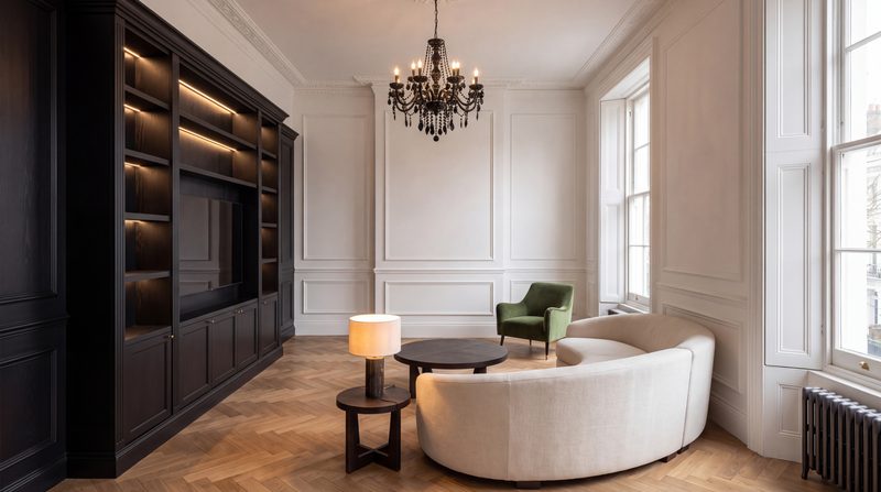 Living room shown as designed, ebonised shelving, a curved sofa and a black chandelier. A visualisation.