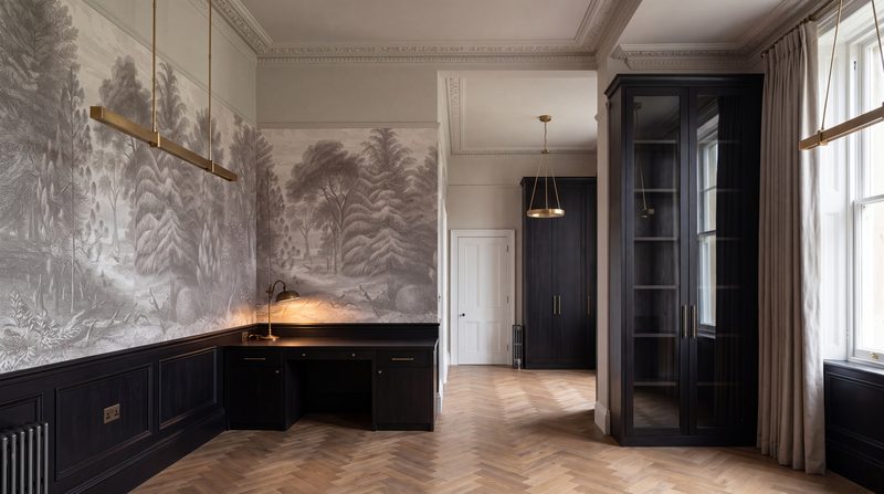 Study shown as designed, a scenic forest mural over dark panelling. A visualisation.