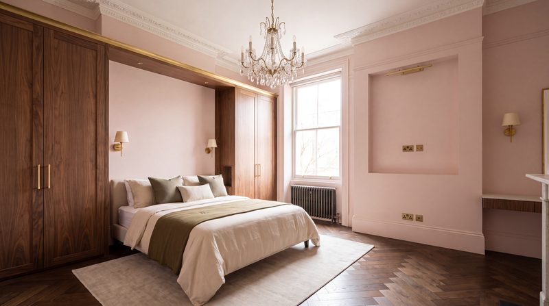 Principal bedroom shown as designed, blush walls and walnut wardrobes. A visualisation.