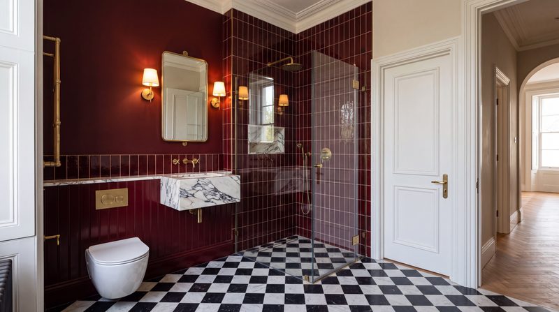 Shower room shown as designed, oxblood tiles and a chequerboard floor. A visualisation.