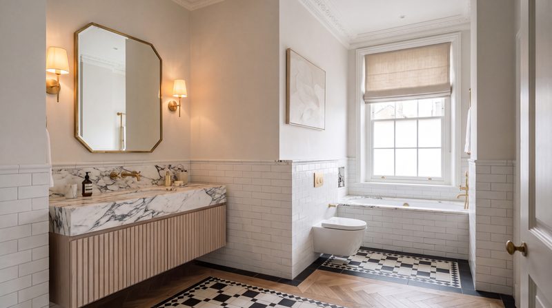 Principal ensuite shown as designed, a marble vanity and brass wall lights. A visualisation.