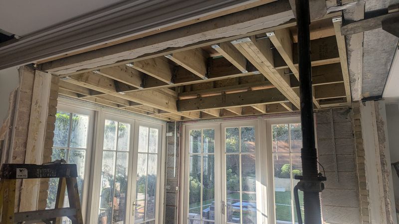 The extension roof joists over the new glazing