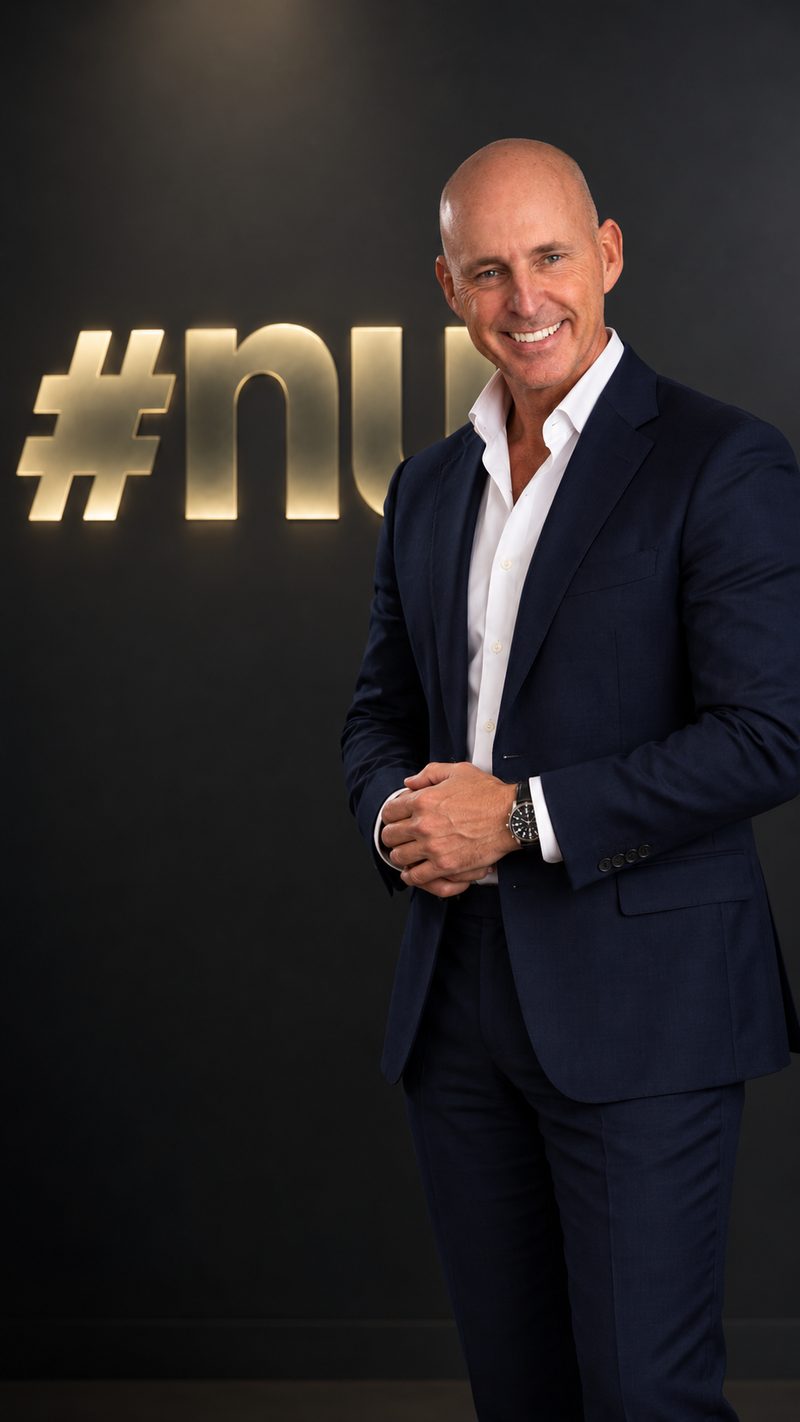 Nick Jeffries smiling in a navy suit, his hands together, beside the gold #nu sign