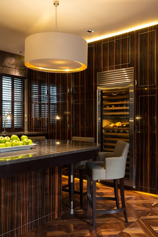 Bar with dark joinery, a wine fridge and glass shelves.