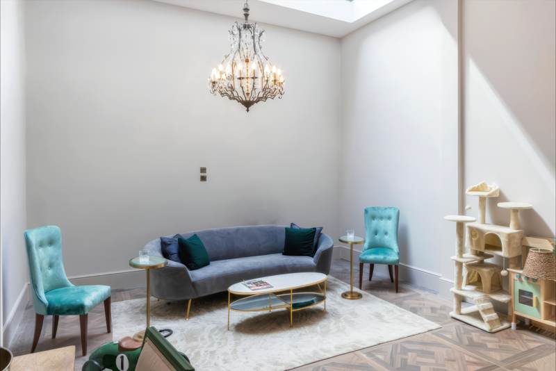 Tall basement sitting room with a crystal chandelier under a rooflight.
