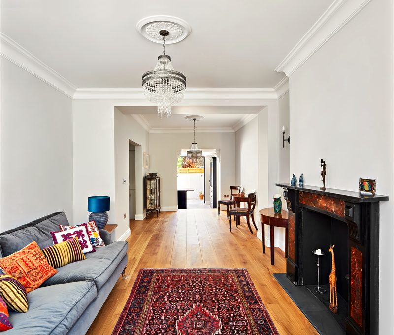 Reception rooms opened end to end, oak floors and a period fireplace.