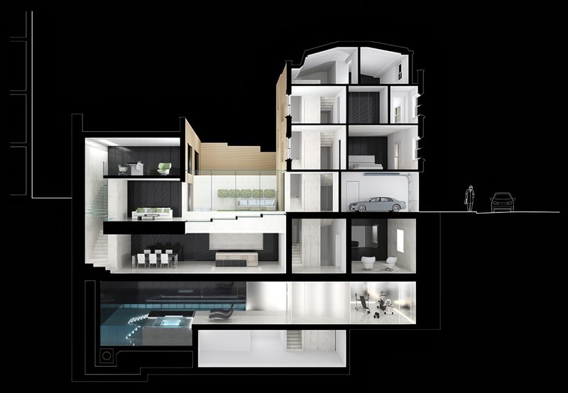 Section drawing through one house, showing three floors below the street.