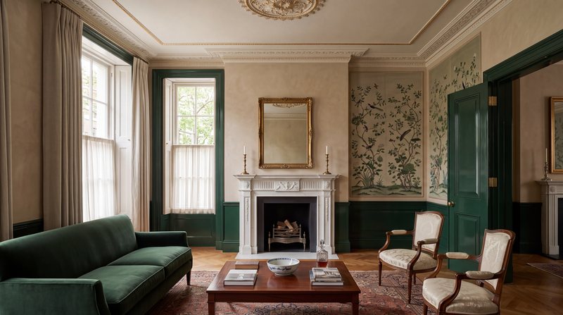 A Georgian drawing room in London after specialist decoration: polished plaster walls, a gilded cornice and ceiling rose, green lacquered joinery and hand painted silk panels.