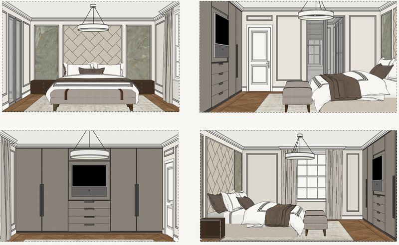 Four perspective drawings of the principal bedroom.