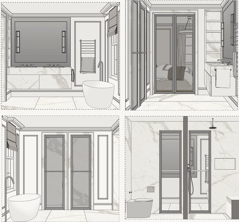 Four perspective drawings of the principal ensuite.