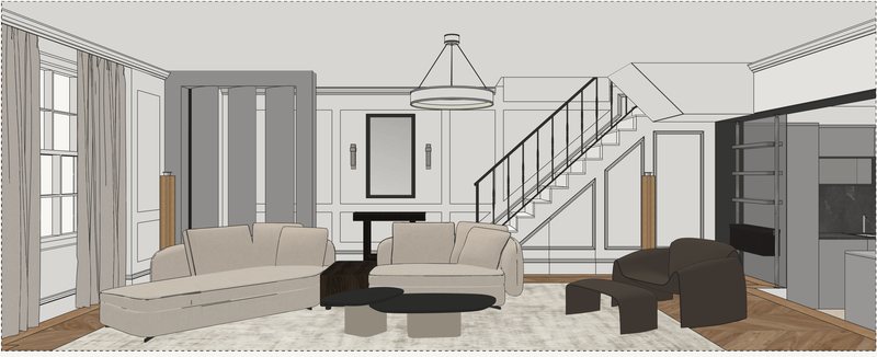 Perspective drawing of the living room, its sofas, panelling and stair.