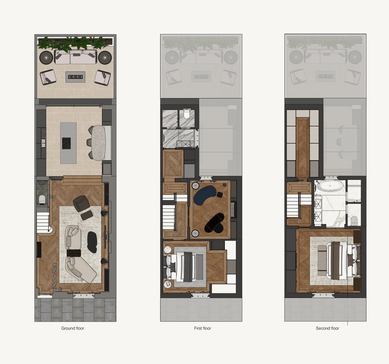 Furnished plans of three floors, with herringbone oak floors throughout.