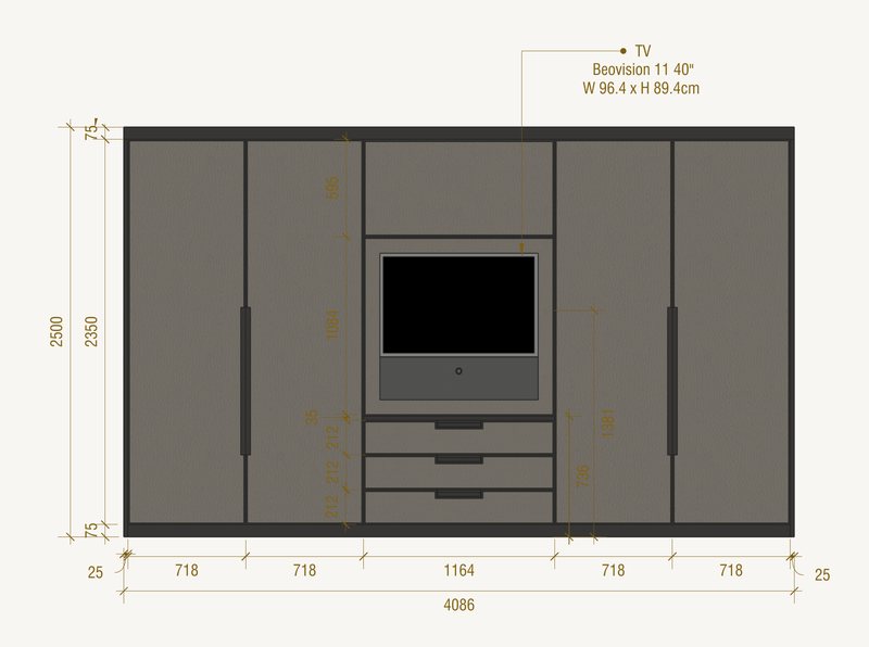 Front elevation of a wardrobe, doors closed, at 1:30. Four tall doors either side of a centre bay with a television over three drawers. It is 4,086 millimetres wide and 2,500 high.