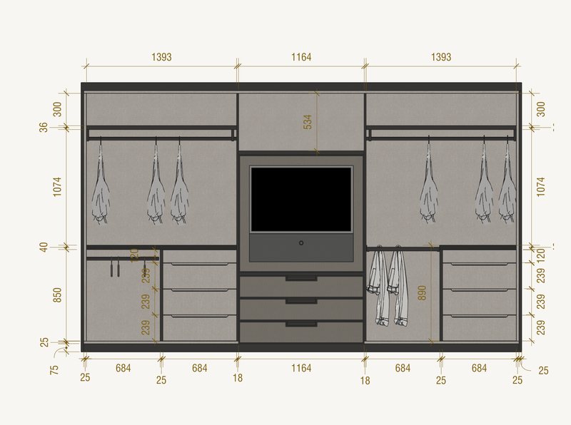 The same wardrobe with its doors open. Hanging rails either side, drawer stacks below and the television in the centre bay. Every inside dimension is marked.