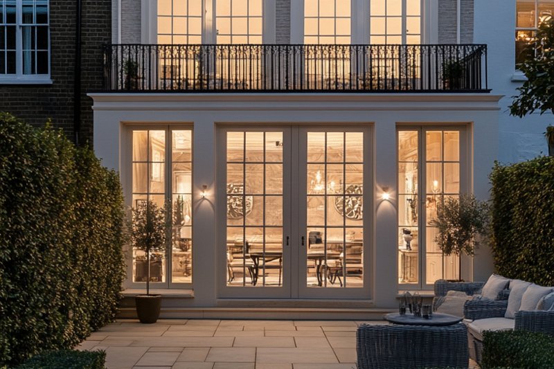 Visualisation of a rear extension with full height glazing at dusk.