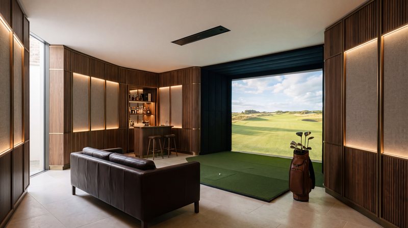 A private golf simulator room below a London house: a large impact screen, a hitting mat, walnut joinery, a bar and a lightwell.